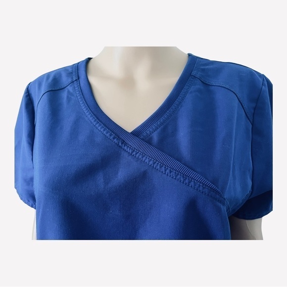 SCRUBS medical scrub top deep blue V-neck shot sleeves double pockets Women M - Picture 5 of 14
